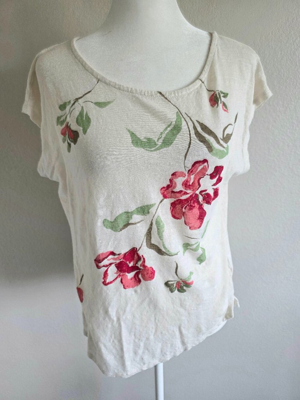 Joie 100% Linen Top T-Shirt Floral Watercolor Sleeveless Size M Lightweight